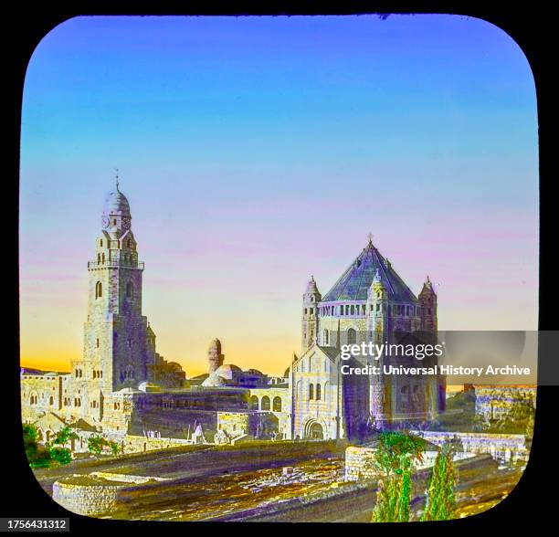 Hand coloured magic lantern slide circa 1900. The Church of the Dormition .The hill of Mount Zion, the highest point in ancient Jerusalem, is...