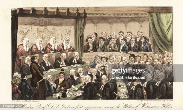 Lawyer interrogating a witness in front of jury and judges at Westminster Hall court. The judges include Chief Justice Sir Charles Abbot, and lawyers...