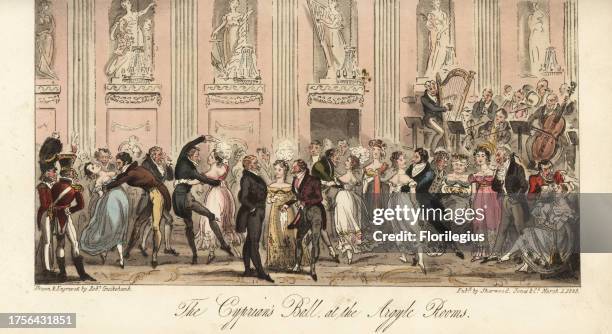 Regency fops and courtesans waltzing in the Argyll Rooms, Regent Street. Among the courtesans are Nelly Mansell, Emma Richardson, Ellen Hanbury,...