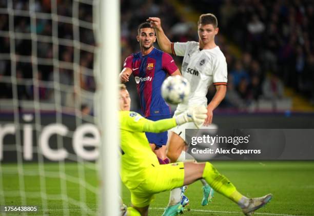 Ferran Torres of FC Barcelona scores a goal before being disallowed for offside during the UEFA Champions League match between FC Barcelona and FC...