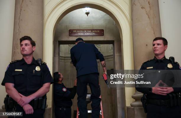 New sign is installed over the Speakers office after Rep. Mike Johnson was elected as the new Speaker of the House at the U.S. Capitol on October 25,...