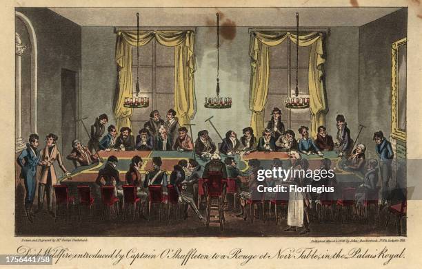 Fashionable dandies gambling at a Red and Black table. Dick Wildfire introduced by Captain O'Shuffleton to a Rouge et Noir Table in the Palais Royal....