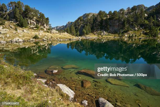 scenic view of lake against clear blue sky - randonnée pédestre stock pictures, royalty-free photos & images