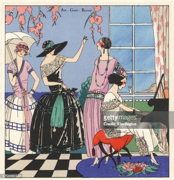 Woman in white organdi dress playing the piano for other women in two-tone organdi dress, black taffeta dress and cyclamen crepe dress. Handcolored...