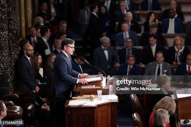 Newly elected U.S. Speaker of the House Mike Johnson delivers remarks after the House of Representatives held an election in the U.S. Capitol on...