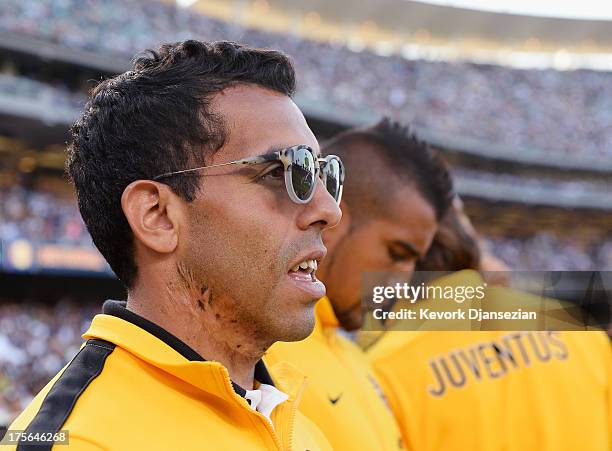 Carlos Tevez of Juventus looks on before a soccer match against Los Angeles Galaxy during the 2013 Guinness International Champions Cup at Dodger...