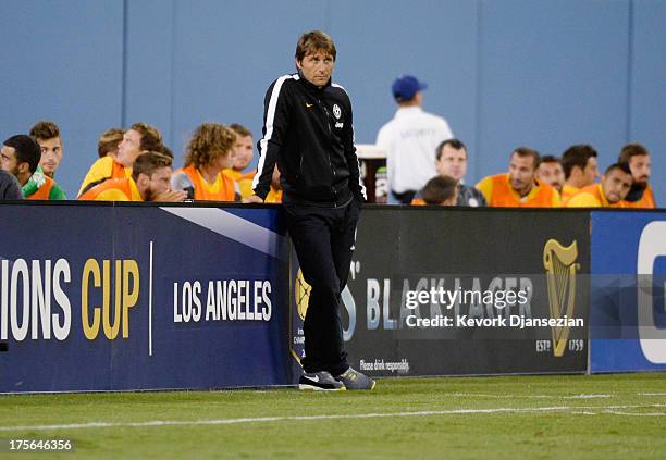 Manager Antonio Conte of Juventus reacts during the soccer match against Los Angeles Galaxy in the 2013 Guinness International Champions Cup at...