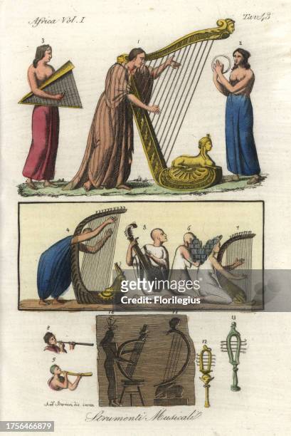 Ancient Egyptian musical instruments. Musicians in loose tunics playing harps, theorbo, horn, sistrum and tambourine. Handcoloured copperplate...