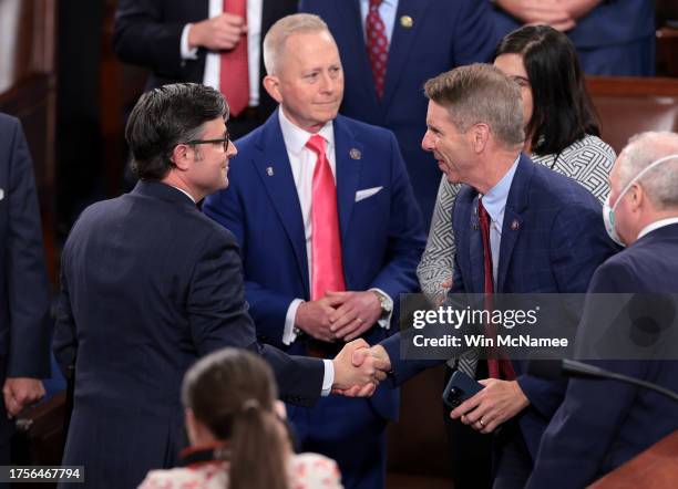 House Republicans shake hands with newly elected Speaker of the House Mike Johnson after the House of Representatives held an election in the U.S....