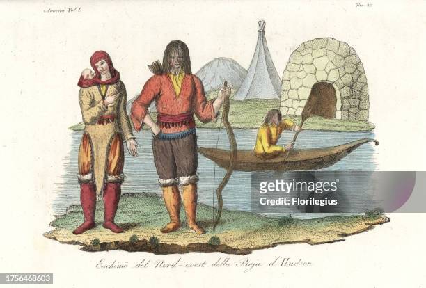 Inuit family in sealskin clothes, and man in kayak in front of igloo and teepee, from the north of Hudson Bay. Handcoloured copperplate engraving...