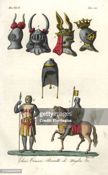 Jousting helm 1, horned helmet of the Earl of Dammartin 2, winged helm of the Constable of Clisson 3, royal helm 4 and chainmail hood and cap 5, and...