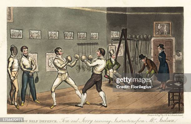 English dandy Tom taking a boxing lesson from famous boxer Gentleman John Jackson, while Jerry is weighed on a swing scale. Tom and Jerry receiving...