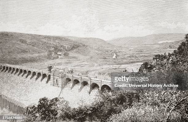Lake Vyrnwy reservoir, Powys, Wales, and the Vyrnwy valley, seen here before the flooding of the valley and the sumberming of the village of...