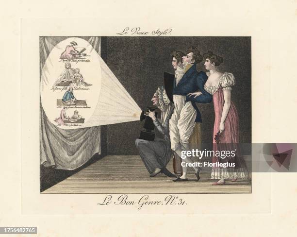 The old style. An old woman showing a young dandy and merveilleuses old-fashioned scenes with a magic lantern. The images are artist without...