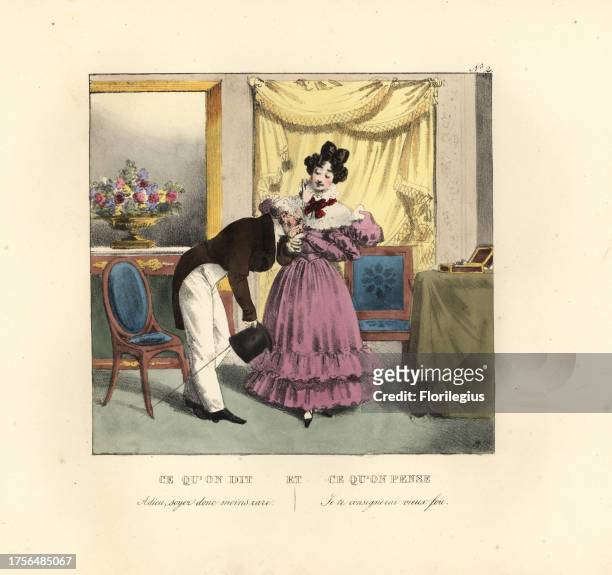 Lady in a parlor being kissed goodbye by an old man. Adieu, see you again. Handcoloured lithograph by the Gihaut brothers after an illustration by...