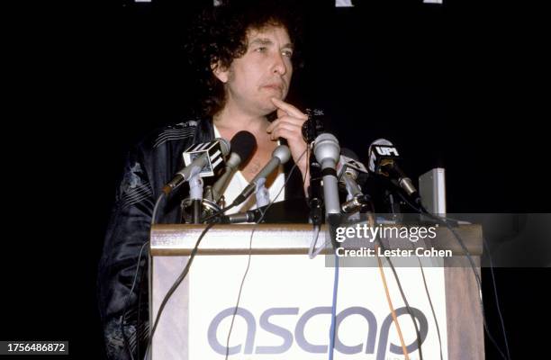 American singer-songwriter Bob Dylan speaks onstage after being given the ASCAP founders award at Chasen's Restaurant in Los Angeles, California,...