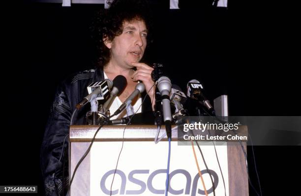 American singer-songwriter Bob Dylan speaks onstage after being given the ASCAP founders award at Chasen's Restaurant in Los Angeles, California,...