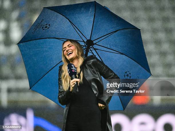 Presenter Laura Woods seen before the UEFA Champions League match between Newcastle United FC and Borussia Dortmund at St. James Park on October 25,...
