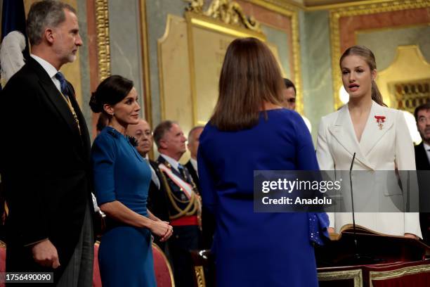 Princess Leonor attends the swear allegiance to country's Constitution ceremony in Madrid, Spain on October 31, 2023. Princess Leonor de Borbon and...