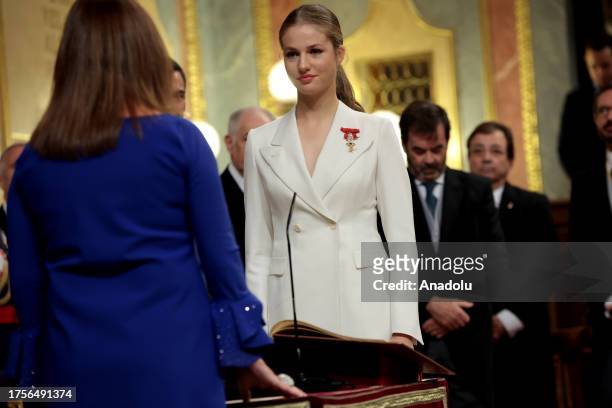 Princess Leonor attends the swear allegiance to country's Constitution ceremony in Madrid, Spain on October 31, 2023. Princess Leonor de Borbon and...
