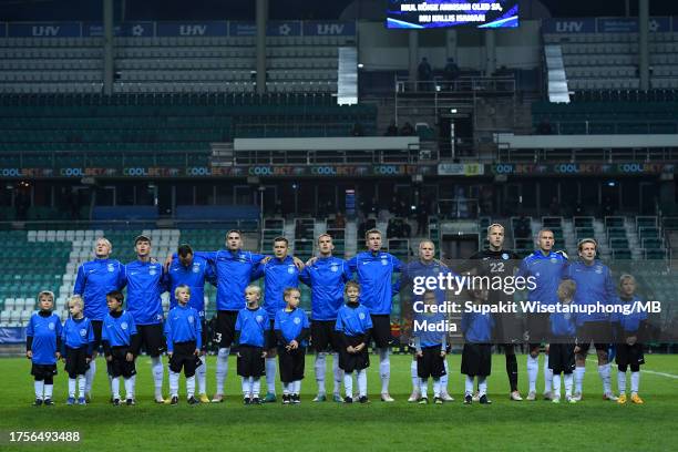 Estonia national team during sings the national before the international friendly match between Estonia and Thailand at A Le Coq Arena on October 17,...