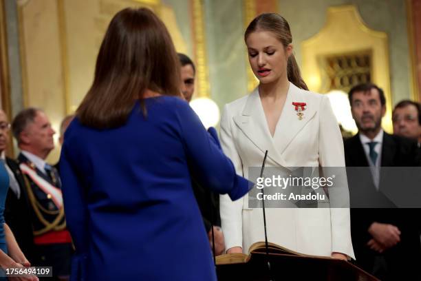 Princess Leonor attends the swear allegiance to country's Constitution ceremony in Madrid, Spain on October 31, 2023. Princess Leonor de Borbon and...
