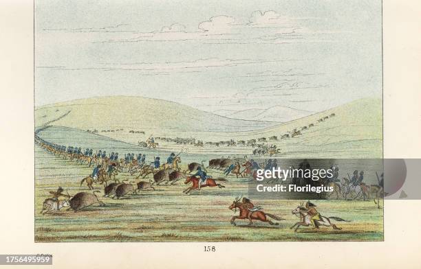 Native Americans and US cavalry at a buffalo hunt. Osage, Cherokee, Seneca, Delaware and Comanche hunting bison with Colonel Henry Dodge's 1st...