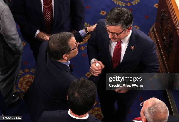 Newly elected U.S. Speaker of the House Mike Johnson is congratulated by fellow lawmakers the House of Representatives held an election atthe U.S....