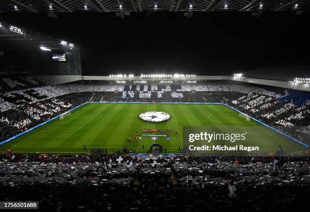 General view inside the stadium as players of Newcastle United and Borussia Dortmund enter the pitch prior to the UEFA Champions League match between...