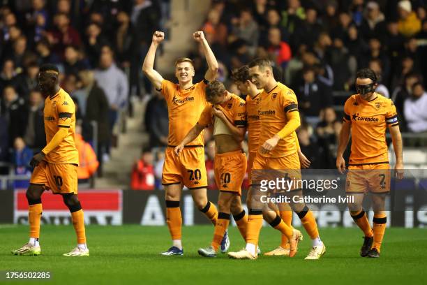 Liam Delap of Hull City celebrates with teammates after scoring the team's first goal during the Sky Bet Championship match between Birmingham City...