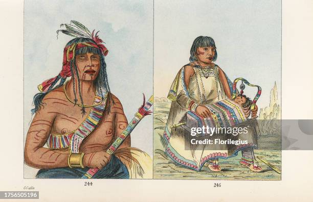Chippewa warrior Ot-ta-wa, Otaway with his pipe 244 and Chippewa woman Ju-ah-kis-gaw with child in cradleboard 245. The baby's umbilical cord hangs...