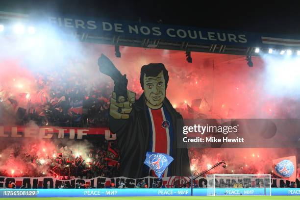 Fans of Paris Saint-Germain perform a Tifo prior to the UEFA Champions League match between Paris Saint-Germain and AC Milan at Parc des Princes on...