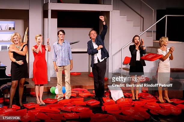Camille Solal, Anne Jacquemin, Arthur Fenwick, Michel Leeb, Murielle Huet Des Aunay and Manoelle Gaillard during the traditional throw of cushions at...