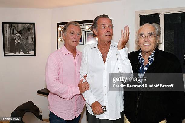 Prsenter William Leymergie, actor Michel Leeb and composer Michel Legrand after "Un drole de pere" play at 29th Ramatuelle Festival day 6 on August...