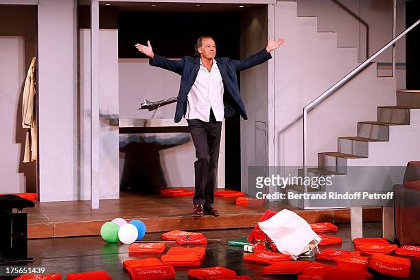 Michel Leeb during the traditional throw of cushions at the final of "Un drole de pere" play at 29th Ramatuelle Festival day 6 on August 5, 2013 in...