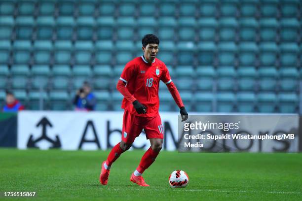 No.18 of Thailand Weerathep Pomphan in action during the international friendly match between Estonia and Thailand at A Le Coq Arena on October 17,...