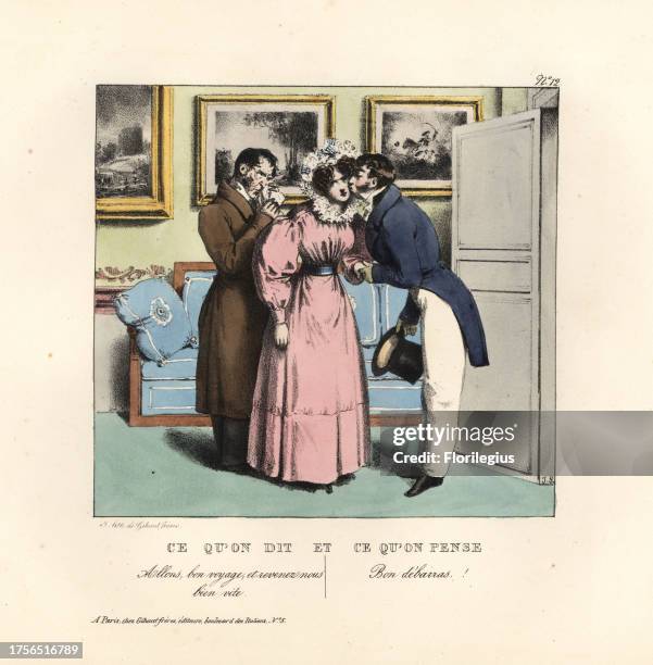 Lady saying goodbye to a gentleman in a parlour. She says, Bon voyage, and hurry back! She thinks, Good riddance! Handcoloured lithograph by the...