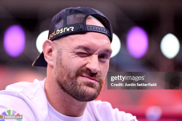 Tyson Fury reacts during a public workout ahead of the Tyson Fury v Francis Ngannou boxing match at Boulevard Hall on October 25, 2023 in Riyadh,...