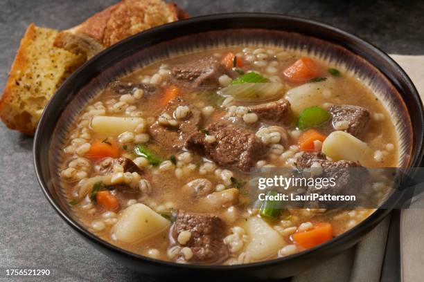 beef and barley vegetable soup - celery soup stock pictures, royalty-free photos & images