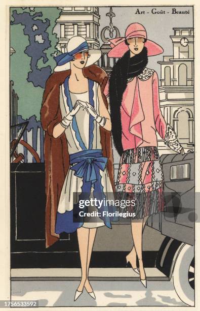 Women stepping out of an automobile in the city wearing a dress for the horsetrack in white silk and blue taffeta and fur coat, and one in a printed...
