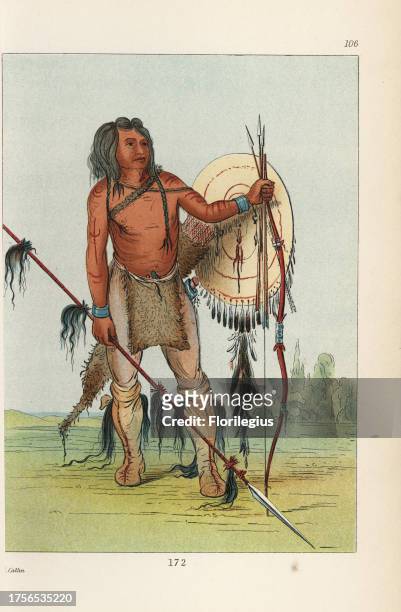Comanche warrior His-oo-san-ches, the Spaniard, with shield, quiver, bow and lance decorated with scalp-locks. Handcoloured lithograph from George...