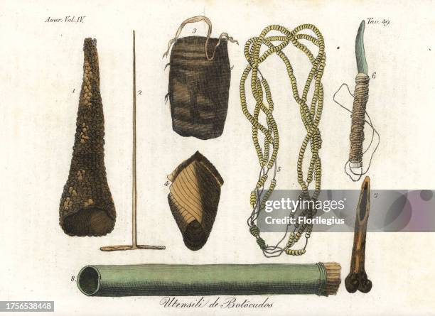 Tools and utensils of the Botocudo people, Brazil. Kindle stick 2, bag 3, codpiece 4, necklace 5, knife 6, bone dagger to pierce coconuts 7, wooden...