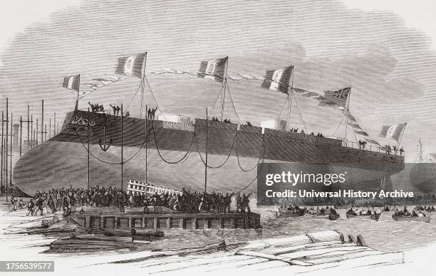 The launch of the Affondatore, iron-clad cupola frigate, built for the king of Italy at Millwall, England. From The Illustrated London News,...