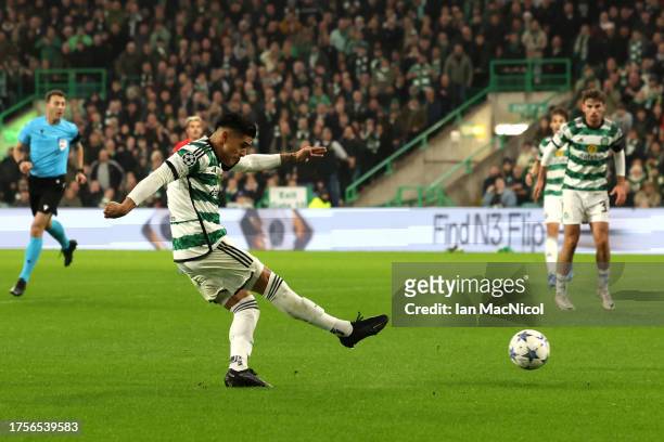 Luis Palma of Celtic scores the team's second goal during the UEFA Champions League match between Celtic FC and Atletico Madrid at Celtic Park...