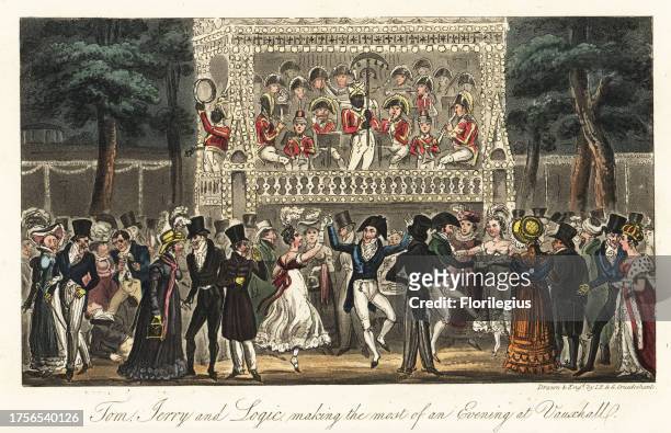 English Georgian dandies and ladies reeling to a military band at a pleasure garden, 1820. Tom, Jerry and Logic making the most of an Evening at...