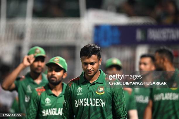 Bangladesh's captain Shakib Al Hasan reacts at the end of the 2023 ICC Men's Cricket World Cup one-day international match between Pakistan and...