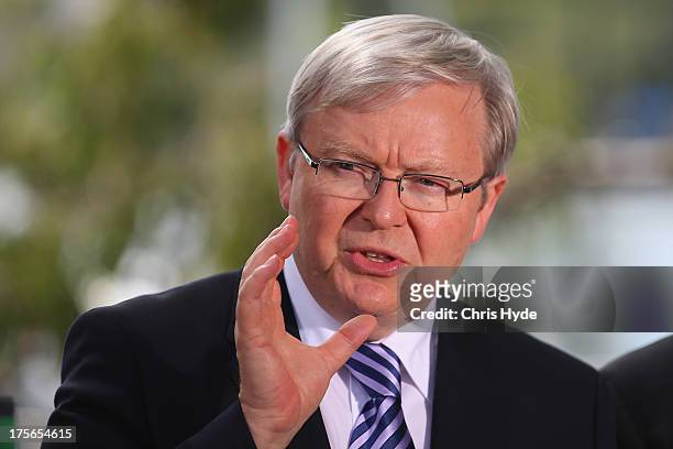 Australian Prime Minister Kevin Rudd speaks during a media conference at the Botanic Gardens on August 6, 2013 in Brisbane, Australia. Rudd joined...