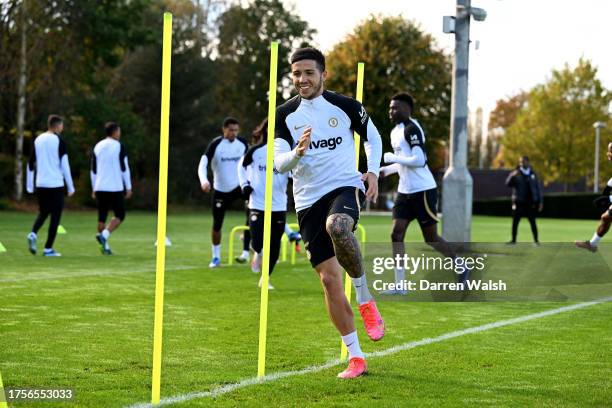 Enzo Fernandez of Chelsea during a training session at Chelsea Training Ground on October 31, 2023 in Cobham, England.