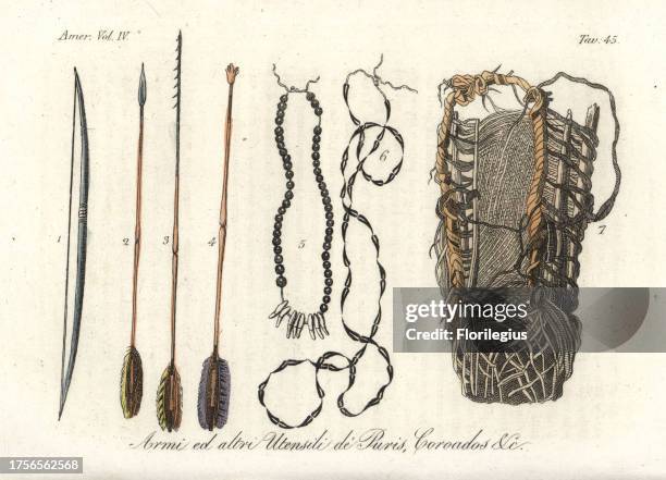 Arms and utensils of the extinct Puri and Coroados people, of Paraiba, Brazil, including bow, arrow, necklace and bag made of vines and branches....