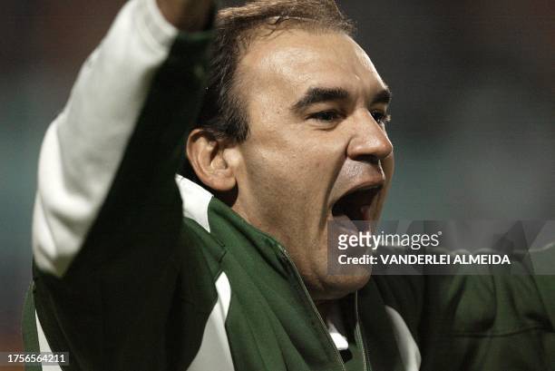 Ricardo Gomes, técnico de la selección brasileña festeja la victoria de su equipo frente a Chile el 23 de enero de 2004 en el Estadio Sausalito, en...